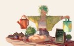  alternate_costume androgynous belt board bucket closed_eyes colored_eyelashes contemporary dual_wielding facing_viewer green_hair holding houseki_no_kuni jacket on_ground outstretched_arms pavement phosphophyllite plant potted_plant punishment short_hair shorts sitting solo spread_arms taro-k wariza watering_can 