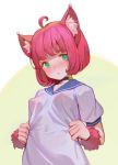  ahoge animal_ear_fluff animal_ears bangs bell black_choker blue_sailor_collar blush bob_cut breasts cat_ears cat_girl choker collarbone covered_nipples green_eyes head_tilt highres jingle_bell looking_at_viewer nose_blush original parted_lips pink_hair pointy_breasts puffy_short_sleeves puffy_sleeves sailor_collar sailor_shirt see-through shirt short_hair short_sleeves simple_background small_breasts solo tim_loechner white_shirt 