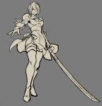  1girl artist_request boots breasts feather-trimmed_sleeves female high_heel_boots katana monochrome nier_(series) nier_automata short_hair standing sword thick_thighs thigh_boots thighhighs thighs weapon yorha_no._2_type_b 