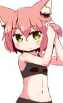  1girl 7th_dragon 7th_dragon_(series) animal_ear_fluff animal_ears arms_up bangs bike_shorts black_bra black_shorts blush bra cat_ears closed_mouth eyebrows_visible_through_hair green_eyes groin hair_between_eyes hair_bobbles hair_ornament harukara_(7th_dragon) head_tilt naga_u navel one_side_up pink_hair shorts simple_background solo sports_bra underwear white_background 