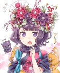 /\/\/\ 1girl animal bangs black_kimono blush bow checkered checkered_bow commentary_request eyebrows_visible_through_hair fate/grand_order fate_(series) fur_collar hair_ornament japanese_clothes katsushika_hokusai_(fate/grand_order) kimono long_sleeves octopus open_mouth orange_bow purple_eyes purple_hair rioshi sleeves_pushed_up solo sweat tokitarou_(fate/grand_order) translated wide_sleeves 