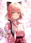  ahoge bow eyebrows_visible_through_hair fate_(series) flower hair_bow highres japanese_clothes kimono nonono okita_souji_(fate) okita_souji_(fate)_(all) pink_hair solo vambraces yellow_eyes 