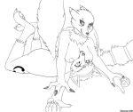  2018 3_fingers 3_toes 5_fingers anthro between_breasts big_breasts black_sclera breasts claws clenched_teeth digimon dipstick_ears domination ear_piercing female female/female female_domination greyscale grin harkrun hi_res krystal lying markings monochrome neck_tuft nintendo nipples nude on_back piercing pinned renamon smile socks_(marking) star_fox teeth toes tuft video_games 