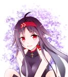  2018 :d ahoge breasts collarbone dated eyebrows_visible_through_hair floating_hair headband long_hair looking_at_viewer medium_breasts open_mouth pointy_ears purple_hair red_eyes red_ribbon ribbon signature sitting sleeveless smile solo sword_art_online tsukimori_usako upper_body very_long_hair white_background yuuki_(sao) 