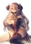  between_legs black_legwear blush breasts draph granblue_fantasy grey_eyes grey_hair hair_ornament hair_over_one_eye hairclip highres horns large_breasts leg_garter long_hair looking_at_viewer narmaya_(granblue_fantasy) pointy_ears simple_background single_thighhigh sitting solo thighhighs underboob white_background wiriam07 