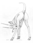  2018 alien antelope anus autofellatio bent_over cum ear_piercing ecmajor feral hooves horn male mammal masturbation oral penis piercing raised_tail sketch solo 