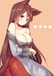  1girl :&lt; animal_ears arms_under_breasts bangs bare_shoulders beige_background blush breast_hold breasts brooch brown_eyes brown_hair cleavage collarbone dress highres imaizumi_kagerou jewelry ksk_(semicha_keisuke) large_breasts long_hair looking_at_viewer simple_background solo sweatdrop tail touhou wolf_ears wolf_tail 