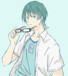  1boy bangs blue_eyes glasses green_background green_hair highres looking_at_viewer male_focus shirt simple_background solo ssss.gridman utsumi_shou white_shirt 