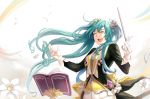  aqua_hair arms_up bad_id bad_pixiv_id book closed_eyes coattails conductor cowboy_shot ddaomphyo flower frills gloves hair_flower hair_ornament hatsune_miku long_hair long_sleeves musical_note musical_note_hair_ornament open_mouth petals smile solo stand twintails upper_teeth very_long_hair vest vocaloid wand white_gloves 