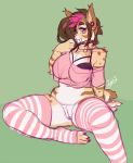  2018 anthro big_breasts bottomless breasts brown_hair buxbi clothed clothing ear_piercing fangs feline female fur gauged_ear hair kala_(buxbi) legwear mammal navel off_shoulder partially_clothed piercing purple_eyes pussy saber-toothed_cat signature sitting solo spread_legs spreading stockings striped_legwear striped_stockings stripes thick_thighs thigh_highs thigh_squish toeless_stockings voluptuous 