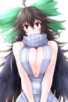  ahoge bare_arms bare_shoulders black_hair black_wings bow breast_press breasts cleavage commentary_request covered_mouth dress feathered_wings g_(desukingu) green_bow hair_between_eyes hair_bow head_tilt highres huge_breasts looking_at_viewer red_eyes reiuji_utsuho ribbed_sweater simple_background sleeveless solo sweater sweater_dress touhou turtleneck turtleneck_sweater upper_body v_arms white_background wings 