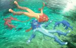  2018 akitamonster anthro blue_fur cat day detailed_background duo featureless_crotch feline fur hair lion male mammal outside partially_submerged red_hair smile tan_fur water 