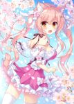  2018 :d ameto_yuki animal_ear_fluff animal_ears artist_name bangs blue_sky blush breasts brown_eyes cat_ears cat_girl cat_tail cherry_blossoms commentary_request day detached_sleeves dress eyebrows_visible_through_hair fingernails flower hair_between_eyes large_breasts macaron_(ameto_yuki) open_mouth original outdoors pink_dress pink_flower pink_hair puffy_short_sleeves puffy_sleeves short_sleeves sky smile solo spring_(season) tail thighhighs twintails white_legwear 
