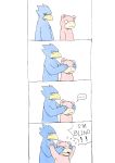  ... 2013 4_fingers absurd_res anthro avian bird blue_eyes clothed clothing comic cute dialogue digital_drawing_(artwork) digital_media_(artwork) duck duo eyewear glasses golduck hi_res humor male nintendo pok&eacute;mon pok&eacute;mon_(species) simple_background slowpoke slugsdog surprise text topless video_games white_background 