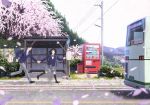  1girl black_eyes black_hair bow bus chasing cherry_blossoms day ground_vehicle highres late long_hair looking_at_another motor_vehicle necktie original outdoors petals pointing running school_uniform skirt smile taka_(tsmix) vending_machine 