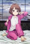  absurdres barefoot bed_sheet belt blush brown_eyes brown_hair cloud cloudy_sky day highres indoors jacket llenn_(sao) looking_at_viewer megami nishimura_rie official_art on_bed open_clothes open_jacket pants pink_jacket pink_pants shirt short_hair sitting sky smile solo sword_art_online sword_art_online_alternative:_gun_gale_online white_shirt window yokozuwari 
