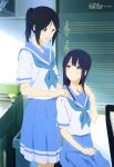  absurdres bangs black_hair blue_eyes blue_neckwear blue_sailor_collar blue_skirt blush chalkboard hand_on_another's_hand hand_on_own_leg handkerchief hands_on_another's_shoulders hibike!_euphonium highres indoors instrument kasaki_nozomi liz_to_aoi_tori long_hair looking_at_another medium_skirt megami multiple_girls musical_note official_art open_mouth parted_lips piano pink_eyes pleated_skirt ponytail print_skirt sailor_collar satou_kouta school_uniform serafuku shirt sitting skirt smile sponge standing swept_bangs trash_can white_shirt yellow_sponge yoroizuka_mizore 