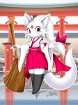  1girl artist_request fox furry japanese_clothes purple_eyes short_hair shrine solo stocking white_hair 