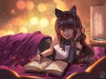  :d arm_support bare_shoulders black_hair blake_belladonna blanket book bow commentary commission detached_sleeves english_commentary hair_bow light_particles long_hair looking_at_viewer lying on_side open_book open_mouth pillow rwby sa-dui smile solo under_covers watermark web_address yellow_eyes 