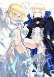  2girls ahoge artoria_pendragon_(all) bangs black_jacket blonde_hair blue_eyes blush braid breasts closed_mouth commentary_request cosplay crotch_plate eyebrows_visible_through_hair fate/extra fate/extra_ccc fate/grand_order fate/stay_night fate_(series) groin hair_between_eyes highres jacket juliet_sleeves long_sleeves looking_at_viewer medium_breasts meltlilith meltlilith_(cosplay) multiple_girls navel nose_blush open_mouth prosthesis prosthetic_leg puffy_sleeves saber saber_alter sidelocks simple_background sweat ugatsu_matsuki underboob white_background white_jacket yellow_eyes 