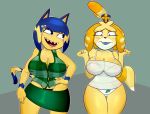  2017 2018 4_fingers animal_crossing ankha anthro big_breasts black_eyes blonde_hair blue_fur blue_hair blush bra breasts canine cat cleavage clothed clothing colored digital_drawing_(artwork) digital_media_(artwork) dog dress duo feline female freepancakes fur hair headwear hi_res isabelle_(animal_crossing) makeup mammal multicolored_fur nintendo nipple_bulge open_mouth panties sharp_teeth shih_tzu shirt simple_background skirt smile standing teeth thick_thighs two_tone_fur underwear video_games yellow_fur 