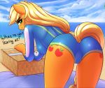  2018 applejack_(mlp) beach blonde_hair butt clothing cloud cutie_mark dialogue digital_media_(artwork) english_text equine eyelashes female friendship_is_magic green_eyes hair hi_res long_hair looking_at_viewer mammal my_little_pony outside seaside smile solo swimsuit text twistedscarlett60 water 