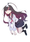  ahoge black_legwear black_sailor_collar blue_skirt brown_hair closed_mouth eyebrows_visible_through_hair eyes_visible_through_hair floating full_body ghost highres long_hair looking_at_viewer neckerchief no_shoes original pleated_skirt purple_eyes red_neckwear sailor_collar school_uniform serafuku skirt socks tama_(tama-s) triangular_headpiece yurako-san_(tama) 