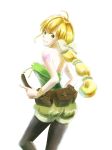  black_legwear blonde_hair bow commentary_request green_eyes hair_bow hair_ribbon highres legwear_under_shorts long_hair multi-tied_hair pantyhose ponytail ribbon saga saga_frontier saga_frontier_2 shorts solo tattoo tsuyu_(lacecap) virginia_knights 