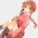  blush braid brown_hair checkered commentary_request feet_out_of_frame grey_background holding holding_knife knife long_hair long_sleeves looking_at_viewer lowres madotsuki niigo pink_shirt shirt simple_background solo sweater twin_braids twintails yume_nikki 