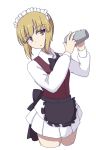  :o apron bangs black_apron black_bow black_neckwear blonde_hair bow bowtie brown_vest cocktail_shaker commentary cowboy_shot cropped_legs cutlass_(girls_und_panzer) dress_shirt eyebrows_visible_through_hair frilled_apron frills girls_und_panzer head_tilt highres holding large_bow long_sleeves looking_at_viewer maid_headdress miniskirt parted_lips pleated_skirt shaker shirt short_hair simple_background sketch skirt solo standing tsukinami_nekuto vest waist_apron white_background white_skirt wing_collar yellow_eyes 