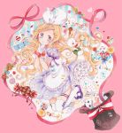  alice_(wonderland) alice_in_wonderland black_footwear blonde_hair blue_eyes bow braid bunny candy card commentary_request cookie cupcake dress flower food frilled_gloves frilled_skirt frills gloves hair_bow hand_on_own_chin hands_together hat heart heart_print highres light_blush lollipop long_hair marker_(medium) mary_janes petticoat pink_background playing_card pocket_watch red_bow red_ribbon ribbon shoes short_sleeves skirt sock_garters solo spoon thighhighs top_hat traditional_media uni_(setsuna_gumi39) watch watercolor_(medium) wavy_mouth white_bow white_gloves white_legwear 
