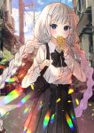  ahoge bangs blue_eyes blush braid building dress eating eyebrows_visible_through_hair food hair_ornament hairclip highres holding kizuna_akari long_hair long_sleeves looking_at_viewer mouth_hold narami outdoors solo taiyaki twin_braids very_long_hair vocaloid voiceroid wagashi white_hair 