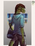  anthro braided_hair brown_hair clothed clothing dinosaur female furgonomics green_skin hair hoodie lolzguy raptor solo stanidng theropod 