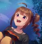  ahoge blush bra_strap breasts brown_hair collarbone drill_hair eyebrows_visible_through_hair idolmaster idolmaster_million_live! kamille_(vcx68) large_breasts looking_away night night_sky open_mouth outdoors purple_eyes short_hair side_drill sky smile solo star_(sky) starry_sky yokoyama_nao 