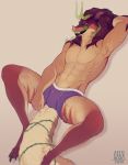  anti-dark-heart bulge canine claws clothing demon fluffy green_eyes green_tongue hair horn licking licking_lips long_hair looking_at_viewer lupusdream male mammal muscular piercing solo tongue tongue_out underwear wolf 
