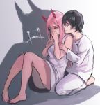  1girl aqua_eyes bangs barefoot black_hair blue_eyes comforting commentary covering_mouth crying darling_in_the_franxx different_shadow dress eyebrows_visible_through_hair eyeshadow from_behind gown hand_to_own_mouth highres hiro_(darling_in_the_franxx) holding holding_arms horns hospital_gown makeup monster nakadai_chiaki pants pink_hair seiza shadow shirt short_hair silhouette sitting straight_hair toes white_dress white_pants white_shirt zero_two_(darling_in_the_franxx) 