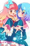  :d aikatsu!_(series) aikatsu_friends! bangs blue_bow blue_hair blunt_bangs blush bokkun_(doyagaobyo) bow braid brown_eyes dress eyebrows_visible_through_hair frilled_dress frills gradient gradient_background gradient_hair hair_bow hair_ornament highres long_hair long_sleeves looking_at_viewer minato_mio multicolored_hair multiple_girls open_mouth orange_hair outstretched_arm parted_bangs pink_hair purple_eyes sailor_dress short_hair smile star star_hair_ornament star_harmony_academy_uniform two-tone_hair yuuki_aine 