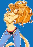  1girl artist_request breasts_covering cat furry long_hair orange_hair red_eyes solo 