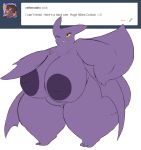  anthro areola ask_blog beauty_mark big_breasts big_butt breasts butt crobat english_text featureless_crotch female huge_breasts hyper hyper_breasts inverted_nipples nintendo nipples nude obese one_eye_closed overweight pok&eacute;mon pok&eacute;mon_(species) rakashama solo standing text tumblr video_games wings wink 