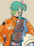 aqua_eyes aqua_hair bandaid bangs bikini_top blunt_bangs bow breasts bulma cable character_name chromatic_aberration dragon_ball dragon_ball_(classic) earbuds earphones eyebrows_visible_through_hair hair_bow hair_ornament hand_in_pocket helmet holding holding_helmet jacket long_sleeves looking_at_viewer medium_hair moricky navel one_side_up pink_bow ponytail scouter see-through sheer_clothes simple_background small_breasts smile solo upper_body 