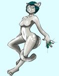  blue_eyes breasts cat chemicals claws ear_piercing ear_tuft emo feline female fur goth green_hair grey_fur hair long_tail looking_at_viewer mammal melee moddish nipples nude piercing punk scar short_hair solo syringes thick_thighs tuft weapon white_mark wide_hips 