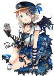  :d arm_warmers artist_name black_choker black_gloves black_nails black_neckwear black_wings blue_eyes bubble choker earrings facial_mark feathered_wings fingerless_gloves garter_straps gloves grey_hair hat hat_feather hat_ribbon highres jewelry leg_garter looking_at_viewer love_live! love_live!_school_idol_festival love_live!_sunshine!! microphone_stand nail_polish necktie open_mouth overskirt peke_(xoxopeke) plaid plaid_skirt ribbon shoes short_hair short_sleeves skirt smile sneakers solo star striped suspenders waist_cape watanabe_you wings 