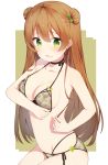  absurdres bangs bare_arms bare_shoulders bikini black_choker blush bow breasts brown_hair camouflage camouflage_bikini choker cleavage collarbone commentary_request double_bun eyebrows_visible_through_hair fang front-tie_top gin00 girls_frontline green_bow green_eyes groin hair_between_eyes hair_bow hair_ornament halterneck highres long_hair looking_at_viewer medium_breasts open_mouth rfb_(girls_frontline) side-tie_bikini simple_background solo stomach swimsuit untied untied_bikini wavy_mouth 