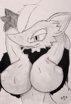  absurd_res anthro areola big_breasts breasts female hi_res huge_breasts lactating looking_at_viewer mammal monochrome nintendo p4nda_(artist) pok&eacute;mon pok&eacute;mon_(species) solo sweat tongue tongue_out traditional_media_(artwork) video_games zoroark 