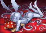  commentary_request dress elbow_gloves gloves grey_hair grey_skin high_heels horns hug long_hair looking_at_viewer lying mushroom object_hug on_stomach original pointy_ears purple_eyes smile sumith thorns very_long_hair 