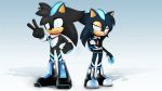  3d_model bandage black_fur blue_eyes blue_marks bodysuit boots chest_tuft clothed clothing crossgender duo female footwear fur gloves glowing glowing_eyes hedgehog looking_at_viewer male mammal rubber scarf skimpy skinsuit sonic_(series) spandex teslarossa tight_clothing tuft 