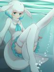  beluga_whale_(kemono_friends)_(stylecase) blowhole blue_eyes blue_hair blush borrowed_character bubble eyebrows_visible_through_hair hatafuta kemono_friends long_sleeves multicolored_hair neckerchief no_shoes original pleated_skirt short_hair skirt smile solo sweater tail thighhighs underwater whale_tail_(animal_tail) white_hair white_legwear 