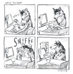  ! 2014 4koma black_nose book box canine comic customer_service_wolf mammal onomatopoeia snout sound_effects text unknown_artist wolf 