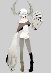  1girl antlers artist_request boots fangs female full_body grey_background jpeg_artifacts monster_girl original oversize_forearms short_hair simple_background solo white_hair 