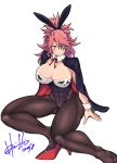  abs adapted_costume amputee animal_ears baiken breasts bunny_ears bunnysuit cleavage guilty_gear guilty_gear_xrd highres hori_shin huge_breasts muscle muscular_female one-eyed pantyhose pink_hair skin_tight solo 